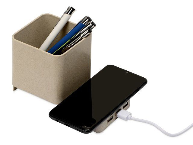 Купить Настольный органайзер Cubic из пшеничного волокна с функцией беспроводной зарядки и выходами USB Настольный органайзер Cubic из пшеничного волокна с функцией беспроводной зарядки и выходами USB