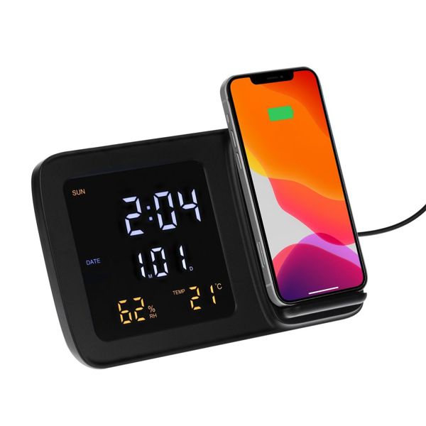 Купить Станция беспроводной зарядки с часами и календарем и подсветкой логотипа Novem, черная Станция беспроводной зарядки с часами и календарем и подсветкой логотипа Novem, черная