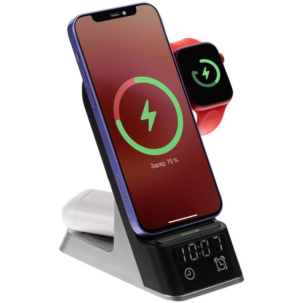 Купить Зарядная станция с часами E-Store для смартфона, часов и наушников, черная Зарядная станция с часами E-Store для смартфона, часов и наушников, черная
